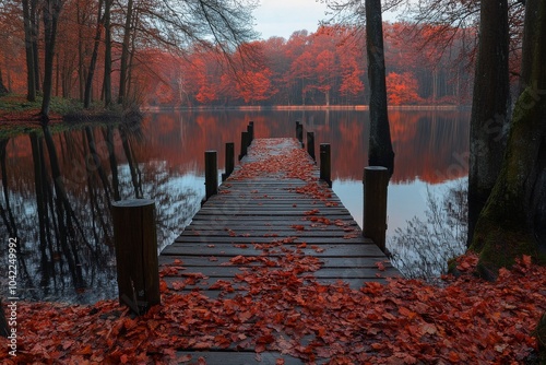 A peaceful autumn morning at a lakeside dock surrounded by vibrant fall color...