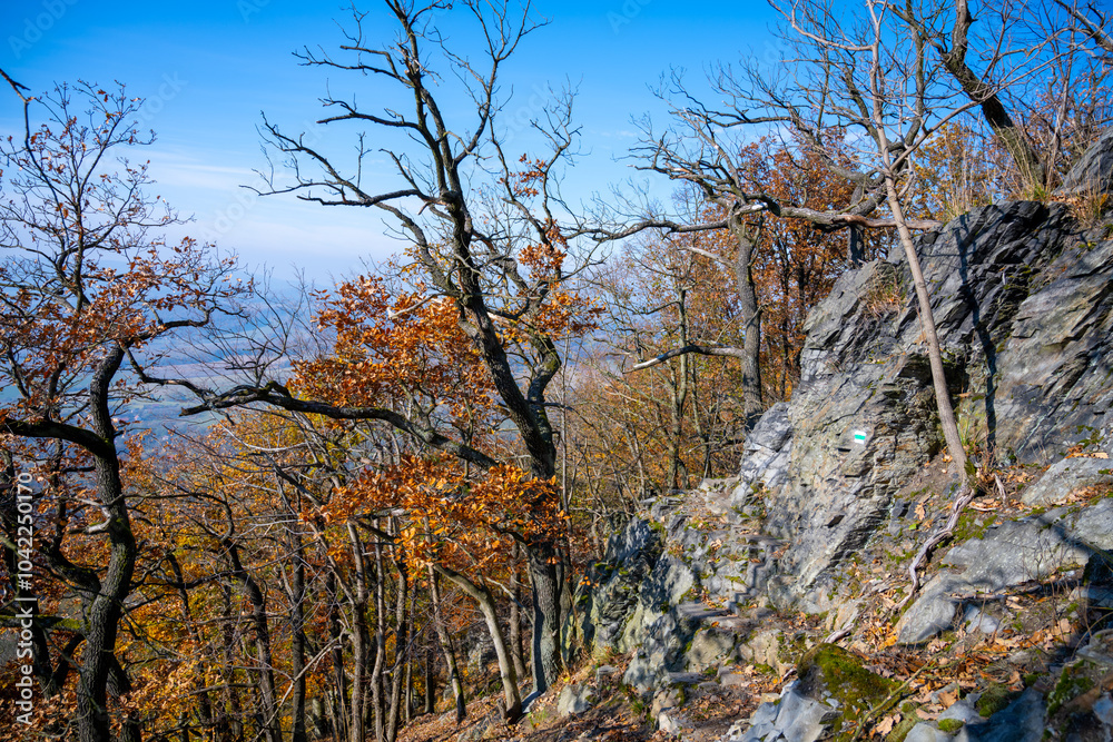 On a sunny autumn day, vibrant orange and yellow leaves adorn the trees of Sedlo Mountain, contrasting beautifully with the rocky terrain and clear blue sky in Czechia. On a sunny autumn day, vibrant orange and yellow leaves adorn the trees of Sedlo Mountain, contrasting beautifully with the rocky terrain and clear blue sky in Czechia.
