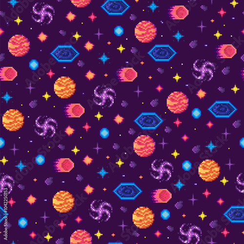 A lively and colorful space-themed pattern displaying planets comets meteors stars and galaxies on a dark purple background. Ideal for kids products educational materials sci-fi themes vibrant