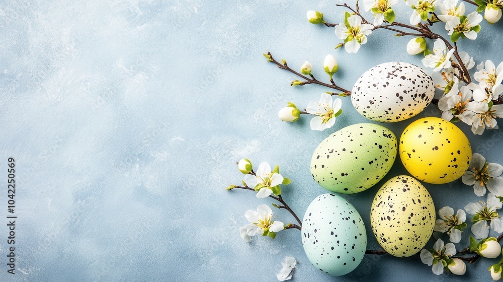 colorful small easter eggs with flowers and branches on a light blue background - yellow and green tones - easter card background - spring design colorful small easter eggs with flowers and branches on a light blue background - yellow and green tones - easter card background - spring design