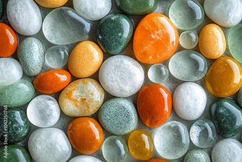 Colorful glass and stone pebbles arranged together on a light background with...