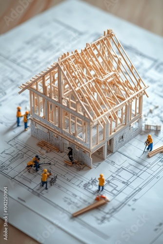 Construction of a miniature wooden house on architectural plans with tiny wor...