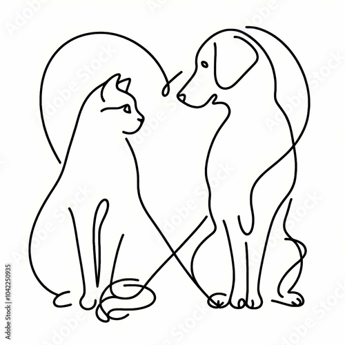 Minimalist line art of a cat and dog facing each other with a heart shape, symbolizing love and friendship between pets.
