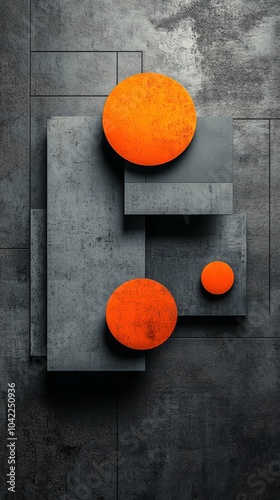 Abstract geometric composition with orange circles on textured gray backgroun...