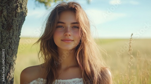 Young woman standing by a tree in a sunny meadow during a warm afternoon