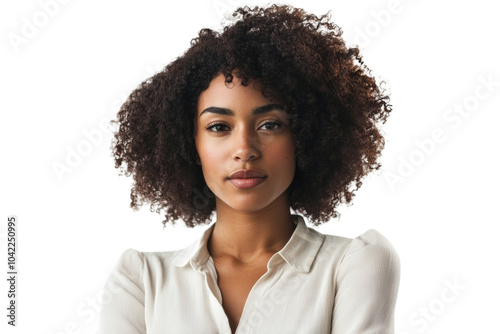 Confident woman with curly hair, displaying determined expression, against,Isolated on transparent background