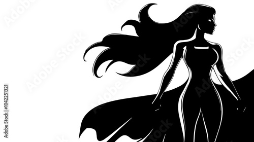 Black and white flat illustration of superhero girl.