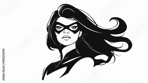 Black and white flat illustration of superhero girl.