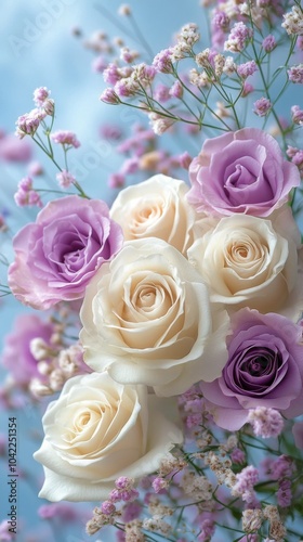 Beautiful arrangement of white and lavender roses with delicate filler flower...