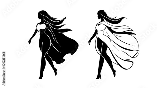 Black and white flat illustration of superhero girl.