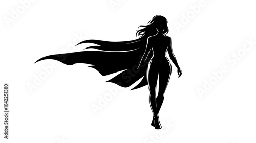 Black and white flat illustration of superhero girl.
