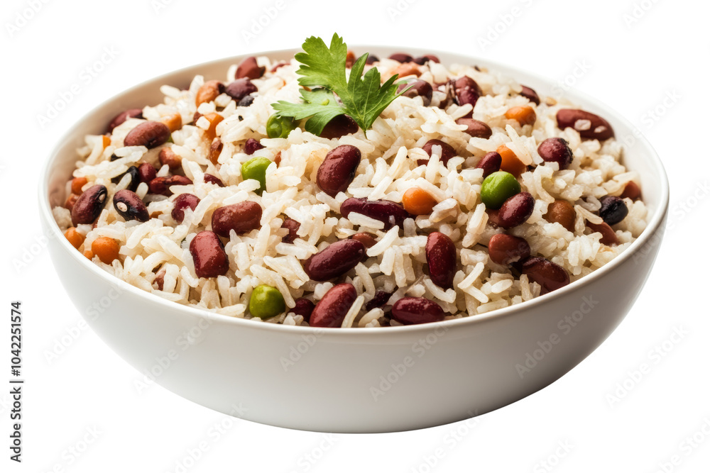Delicious bowl of mixed rice and beans garnished with fresh herbs,,Isolated on transparent background Delicious bowl of mixed rice and beans garnished with fresh herbs,,Isolated on transparent background