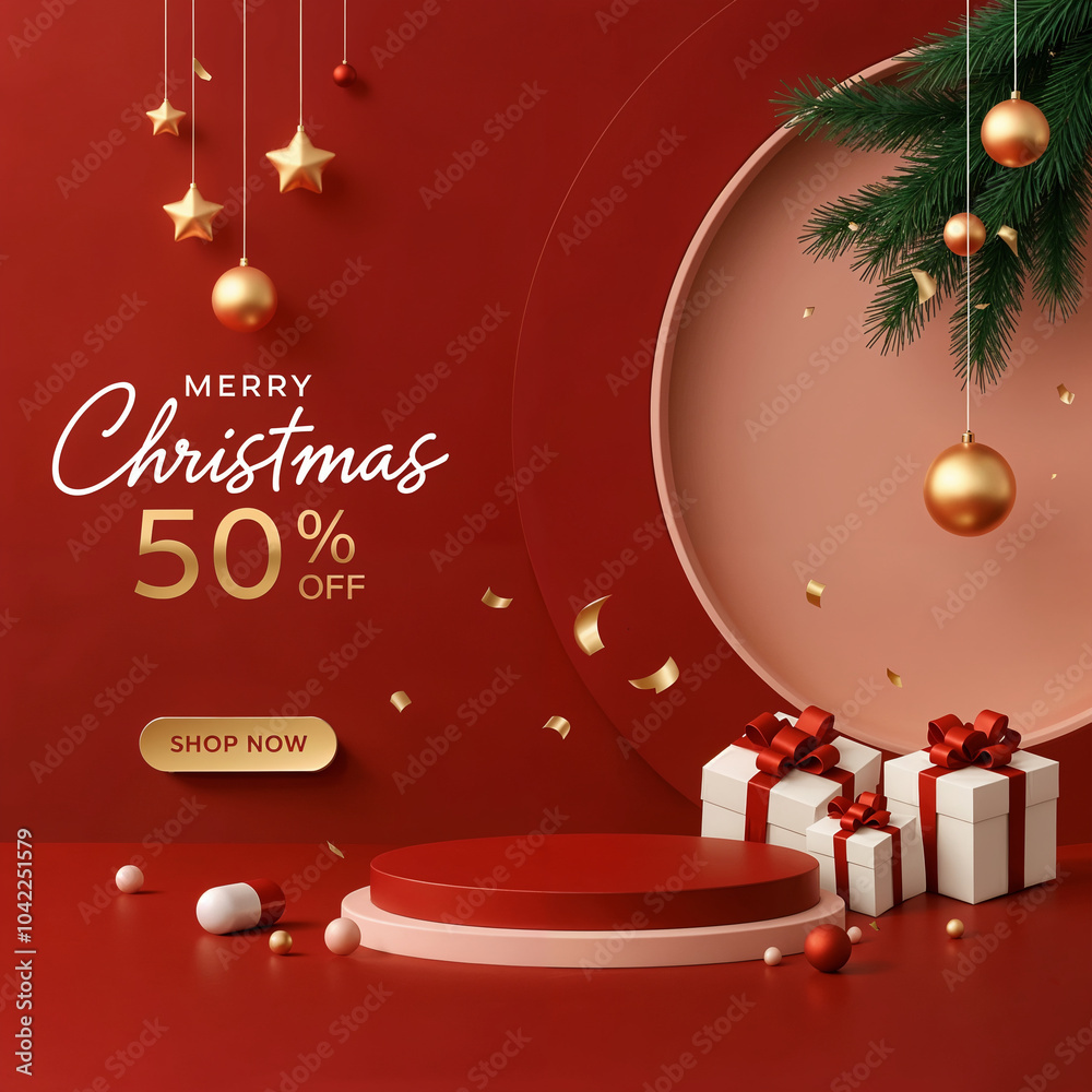 Naklejka premium Merry Christmas and Happy New Year. Promotion with red and gold ribbon, christmas ball, text gift box. Christmas discount offer Illustration
