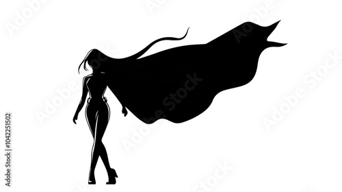Black and white flat illustration of superhero girl.