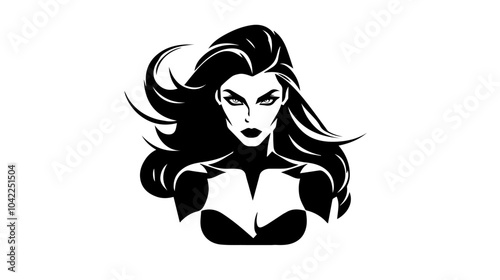 Black and white flat illustration of superhero girl.
