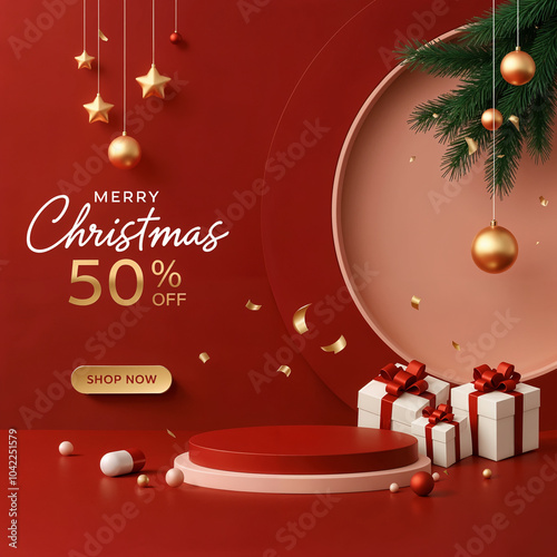 Merry Christmas and Happy New Year. Promotion with red and gold ribbon, christmas ball, text gift box.  Christmas discount offer Illustration