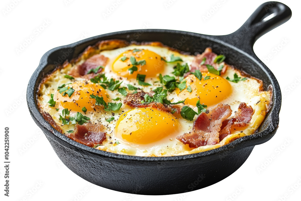 Delicious fried eggs with crispy bacon and herbs in cast iron skillet, perfect for breakfast or brunch,Isolated on transparent background Delicious fried eggs with crispy bacon and herbs in cast iron skillet, perfect for breakfast or brunch,Isolated on transparent background