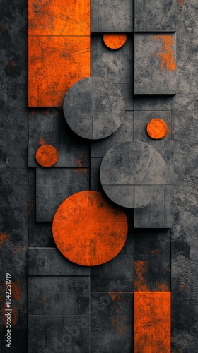 Abstract geometric composition with orange circles on textured gray backgroun...