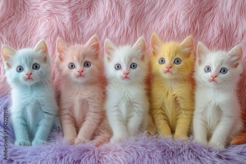 Colorful collection of fluffy kittens sitting in a row with bright blue eyes ...