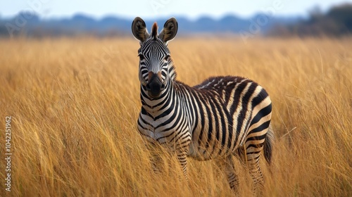 A zebra standing gracefully among tall golden grasses in the savanna at sunset