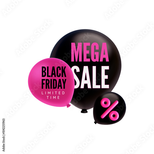 3D black and pink inflated balloons with text Black Friday, Mega sale and percentage sign vector design, special offer