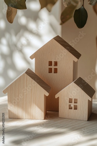 Collection of wooden house models displayed on a wooden surface in a neutral ...