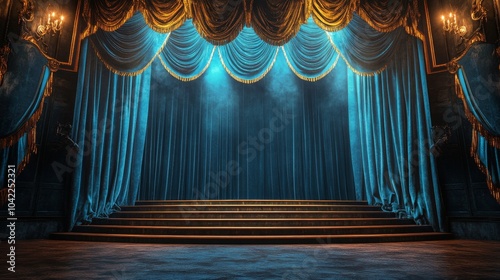 A vibrant stage with curtains and atmospheric lighting prepared for a live pe...