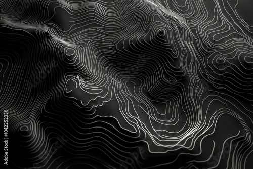 Abstract topographic design featuring flowing lines in monochrome tones on a ...