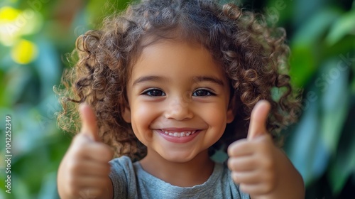 A joyful child with curly hair giving a thumbs up in a lush green garden duri...