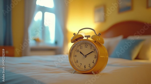 An old fashioned alarm clock sits on a wooden table in a dimly lit bedroom du...