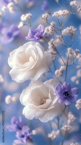 Beautiful arrangement of white and lavender roses with delicate filler flower...
