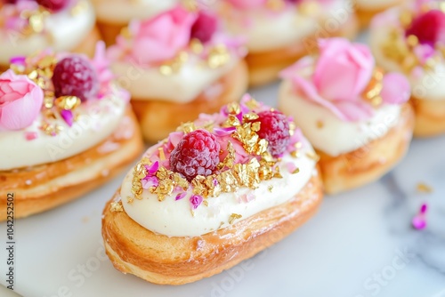 elegant éclairs filled with a rose and raspberry cream, topped with a shiny white chocolate glaze for Valentines