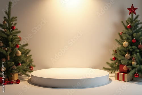 small empty white podium sits amidst festive christmas decorations soft lighting