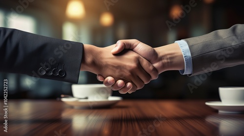 Business partners shaking hands in a modern café during a professional meeting