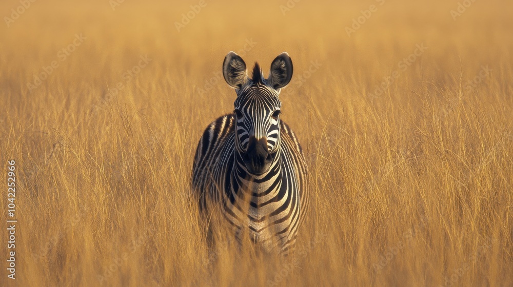 Fototapeta premium A zebra standing gracefully among tall golden grasses in the savanna at sunset