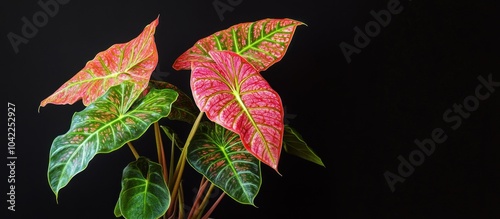 Pink and green tropical houseplant with large leaves against a black background.