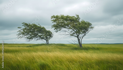 Two wind blown trees in a grassy field on a cloudy day