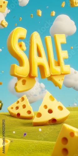 Cheerful Cheese Sale: 3D Illustration of Delicious Slices Against a Bright Blue Sky Background

 photo