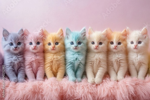 Colorful collection of fluffy kittens sitting in a row with bright blue eyes ...