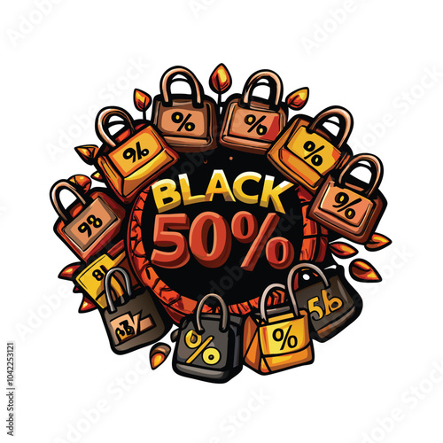 Black Friday sale with cartoon shopping bags with percentage signs flying out. photo