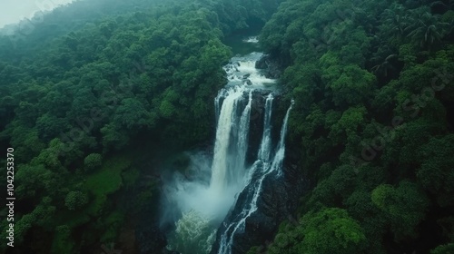 An aerial perspective of Dudhsagar Falls, showcasing the waterfall's impressive height and the winding river below, framed by dense jungle.