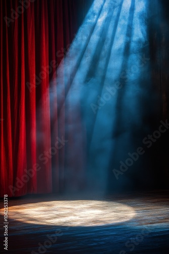 A dramatic spotlight illuminates a wooden stage with red curtains in a theate...