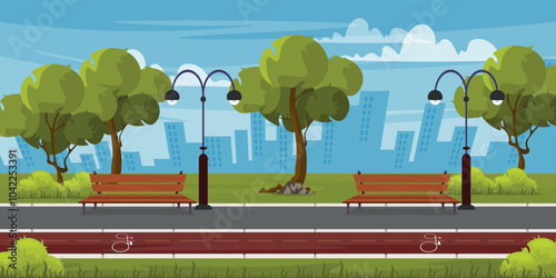 Vector illustration of a beautiful park landscape with a bike path. Cartoon scene of silhouettes of houses, benches, lampposts, a road, a bicycle path, trees, bushes, grass, stones, clouds in the sky.