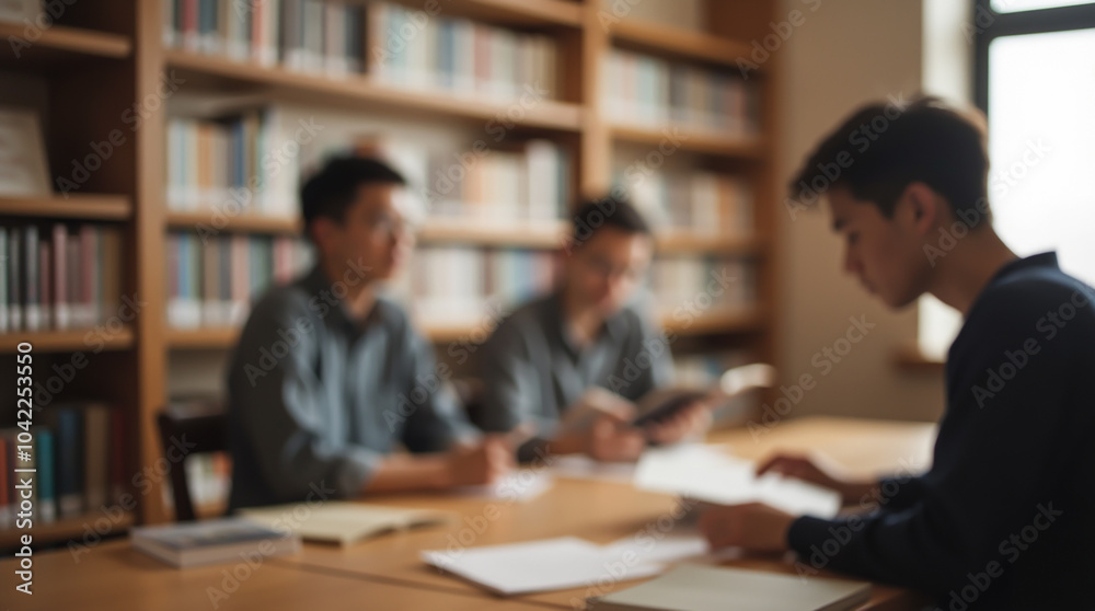 Several students reading books and taking notes, sitting at a long table in the library Several students reading books and taking notes, sitting at a long table in the library