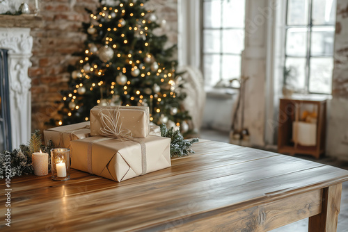 Festive holiday decorations with wrapped gifts on a wooden table beside a beautifully lit Christmas tree in a cozy room. Generative AI photo