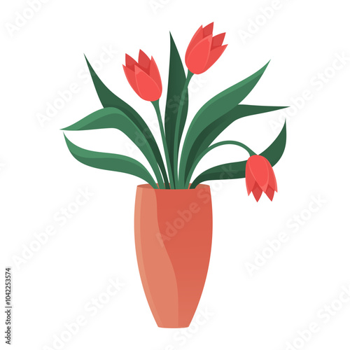Cute romantic bouquet of tulips in vase. Beautiful spring pink flowers. House interior decoration element. Flower buds with leaves in glass vase. Decorative flowerpot with bouquet vector illustration