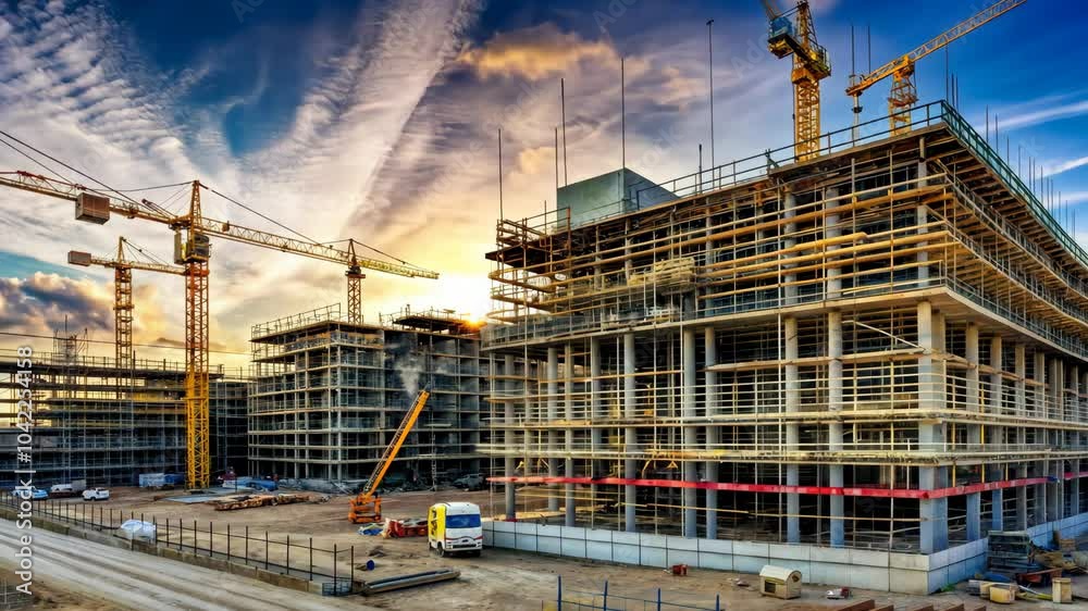 Construction progress at urban site with cranes at sunset