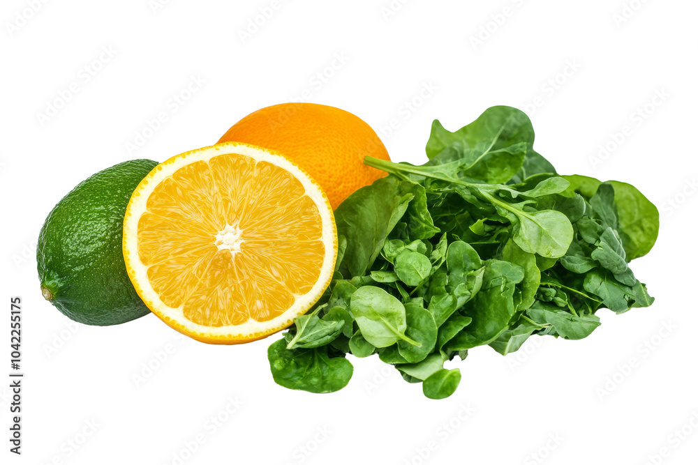 Fresh spinach, orange, and lime arranged , highlighting vibrant colors and healthy ingredients,Isolated on transparent background Fresh spinach, orange, and lime arranged , highlighting vibrant colors and healthy ingredients,Isolated on transparent background