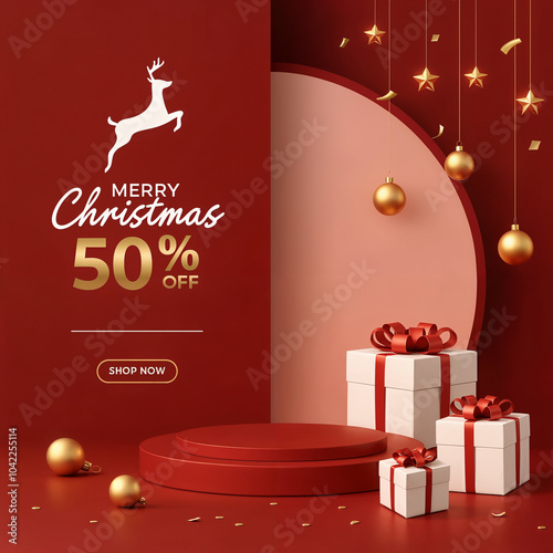 Merry Christmas and Happy New Year. Promotion with red and gold ribbon, christmas ball, text gift box.  Christmas discount offer Illustration