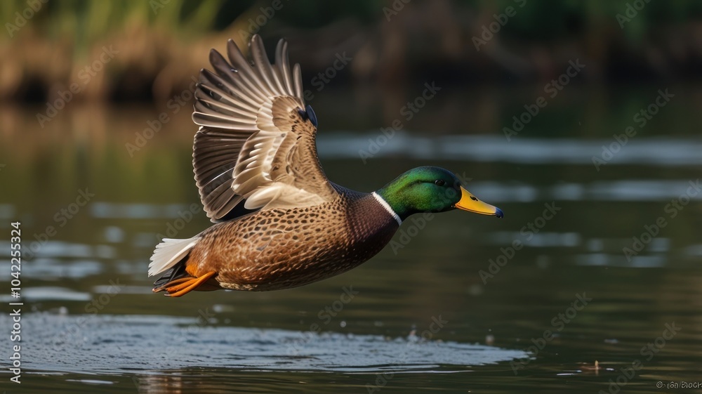 Obraz premium A male mallard duck with its wings spread wide takes flight from a lake, leaving a trail of water droplets behind.